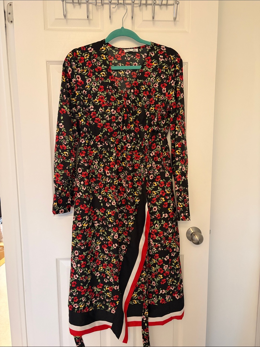 Dex Black Floral Long Sleeve Wrap Dress with Red & White Border